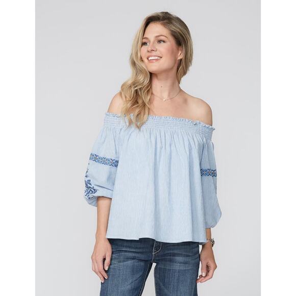 Stetson Tops - Stetson off-the-shoulder emroidered mini pinstripe blouse women's size large
